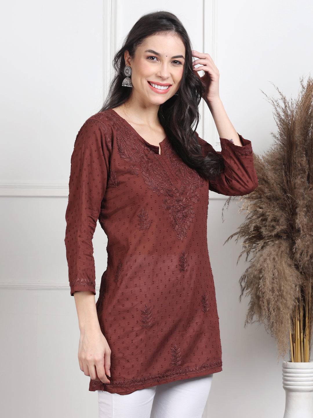 Brown Nuzhat Dyed Short Cotton Top/Kurti