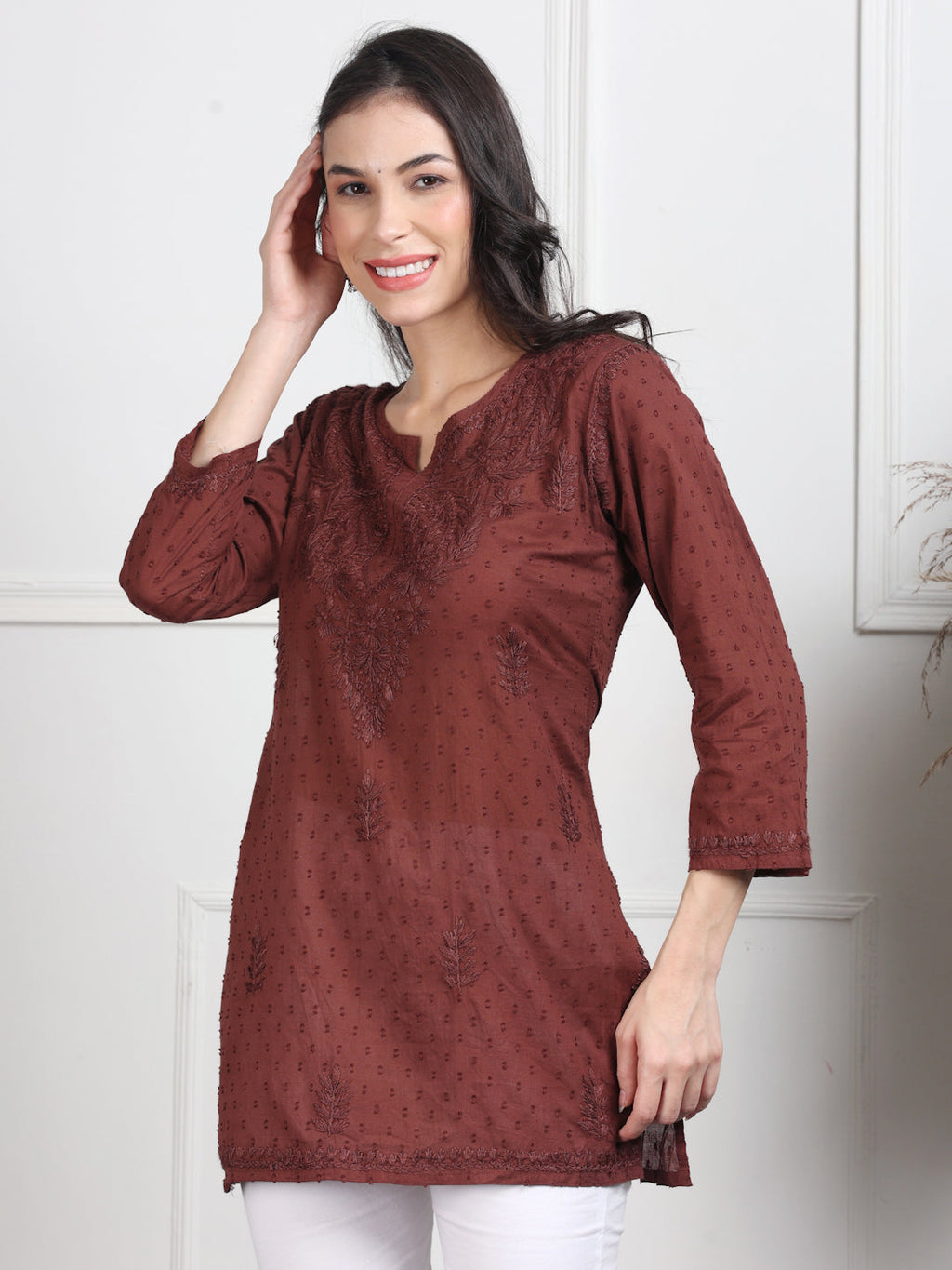 Brown Nuzhat Dyed Short Cotton Top/Kurti