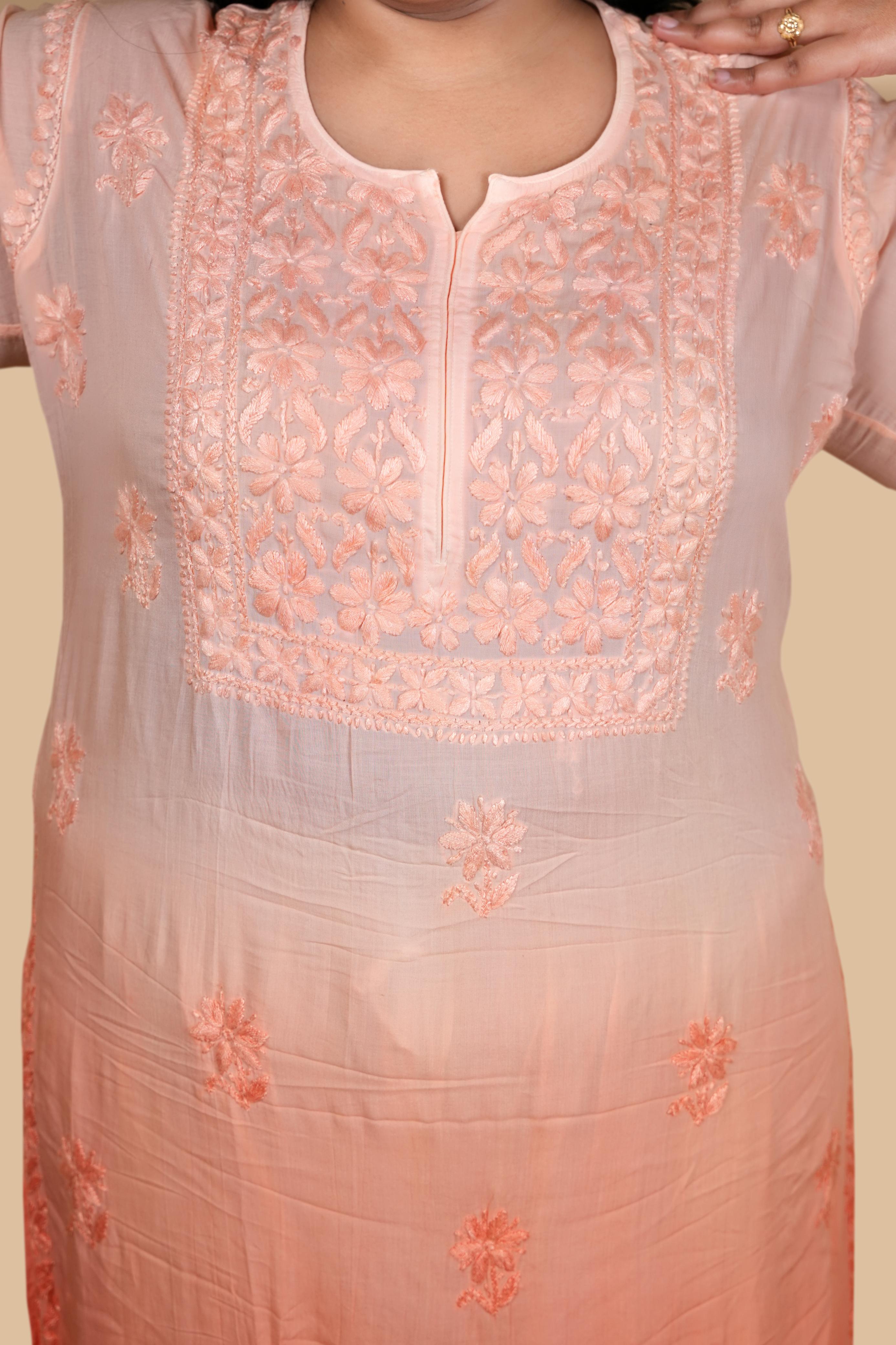Peach Bushra Glass Neck Ombre Rayon Kurti
