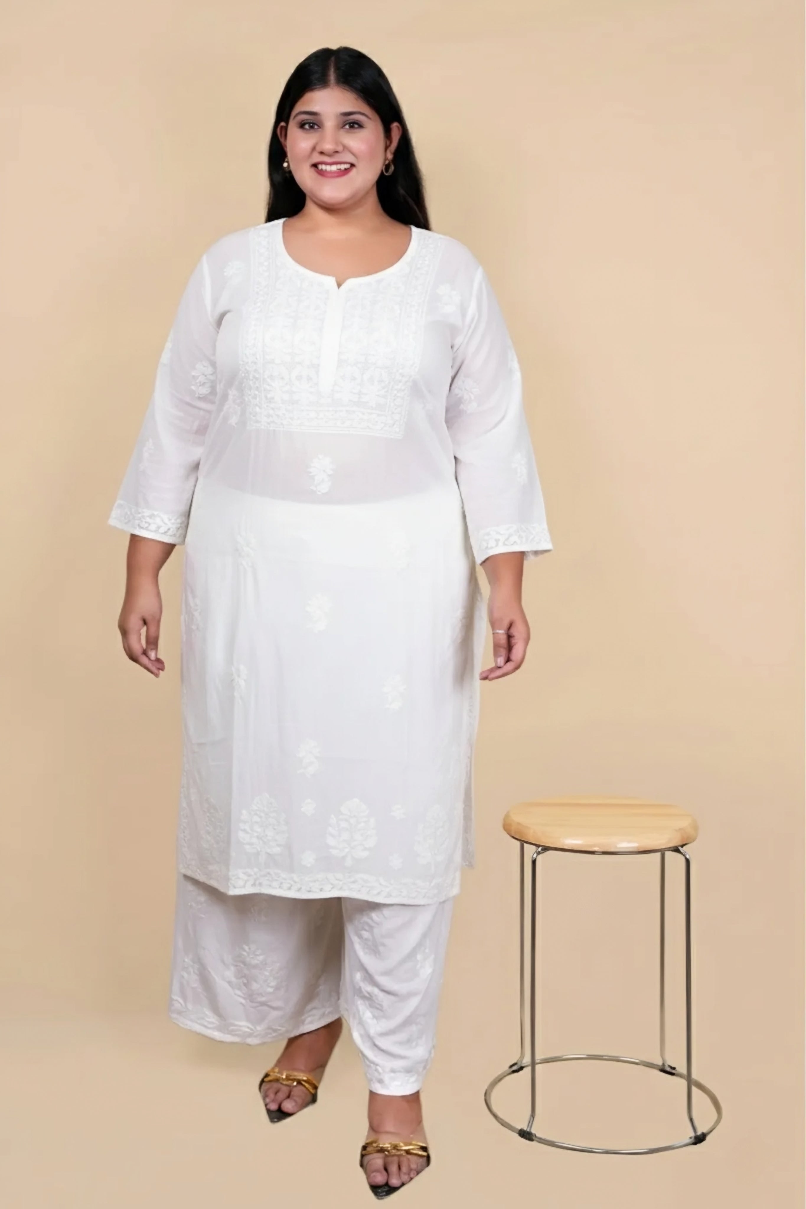 White Bushra Glass Neck Ombre Rayon Kurti