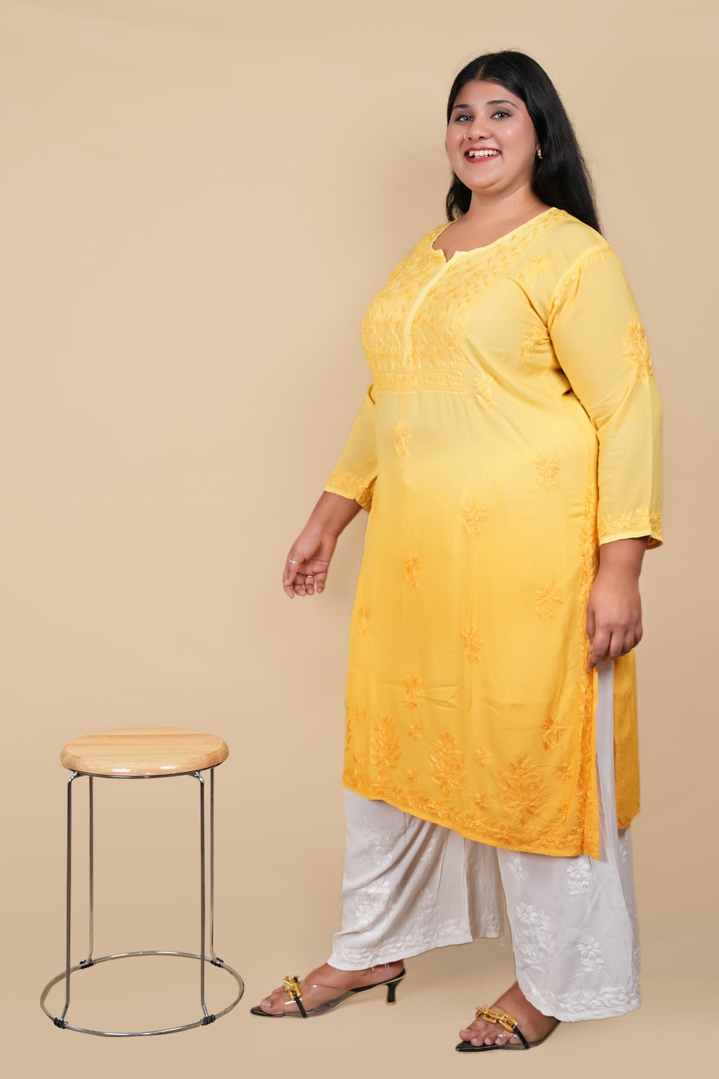 Yellow Bushra Glass Neck Ombre Rayon Kurti
