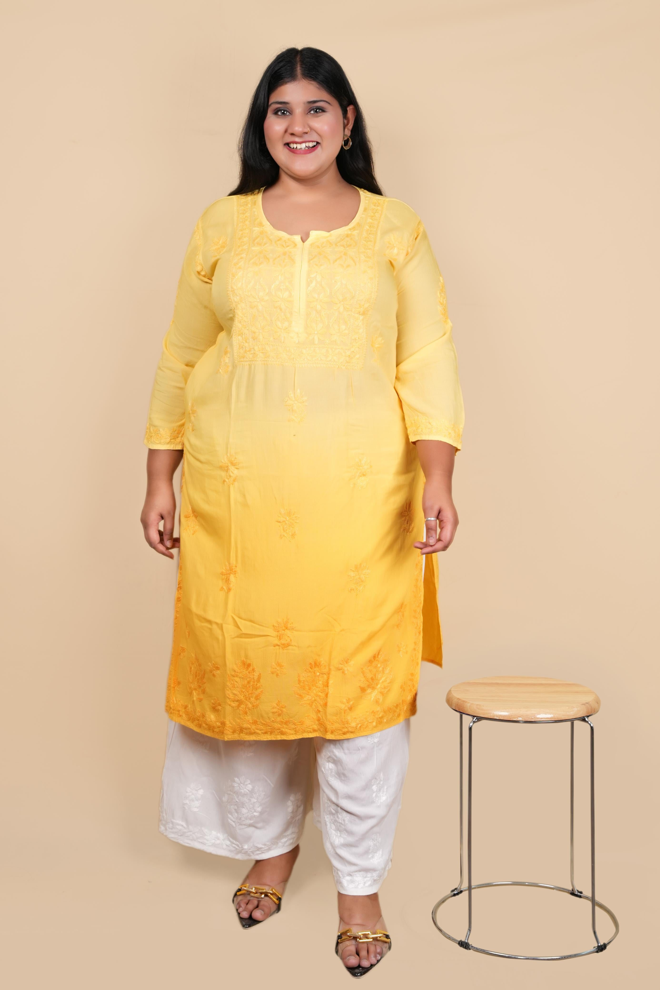 Yellow Bushra Glass Neck Ombre Rayon Kurti