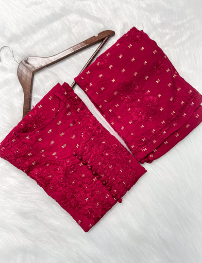Yumna Premium Dyed Chanderi Silk Lucknowi Chikankari Kurti and Palazzo Set for Women