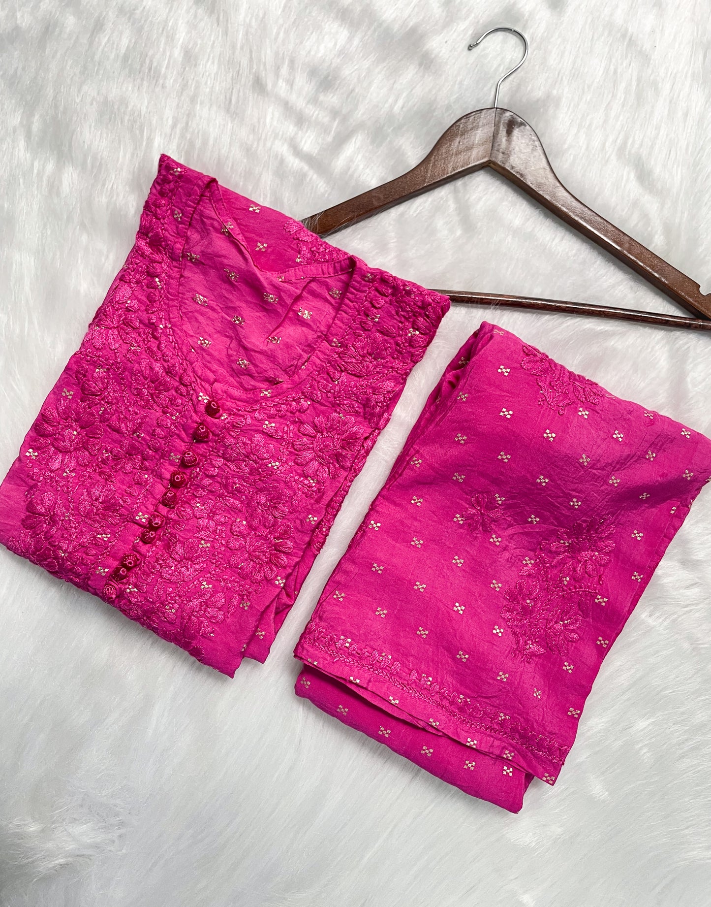 Yumna Premium Dyed Chanderi Silk Lucknowi Chikankari Kurti and Palazzo Set for Women