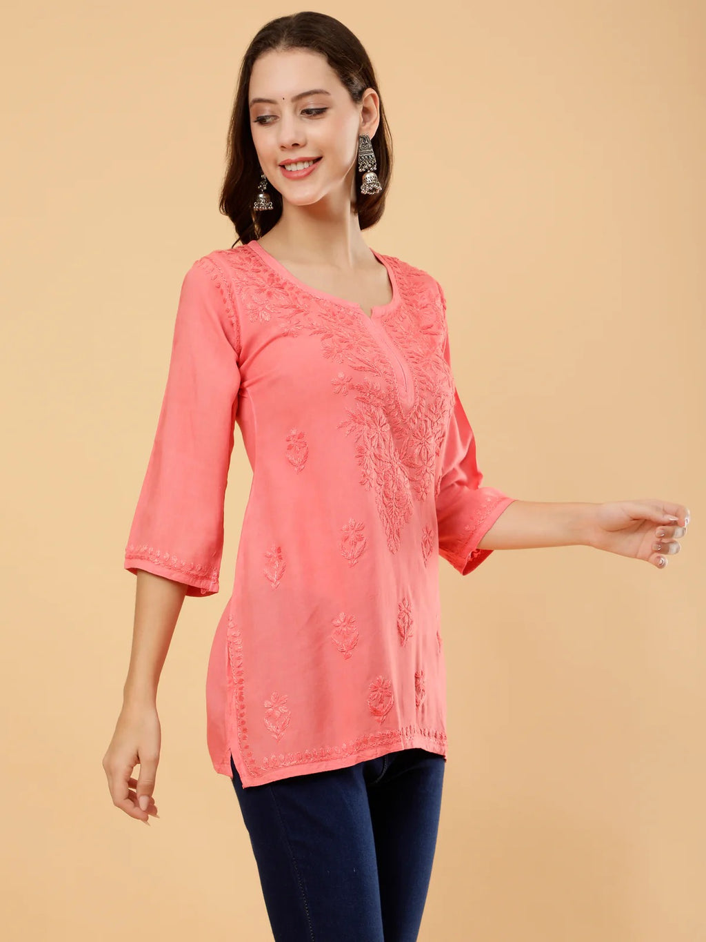 Zahra Rose Gold Dyed Short Rayon Chikankari Top - Comfortable & Non-Transparent Chikankari Short Kurti