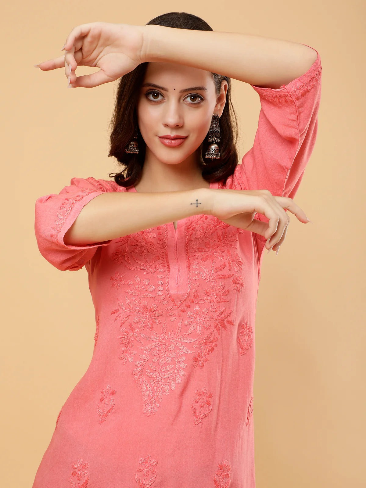 Zahra Rose Gold Dyed Short Rayon Chikankari Top - Comfortable & Non-Transparent Chikankari Short Kurti