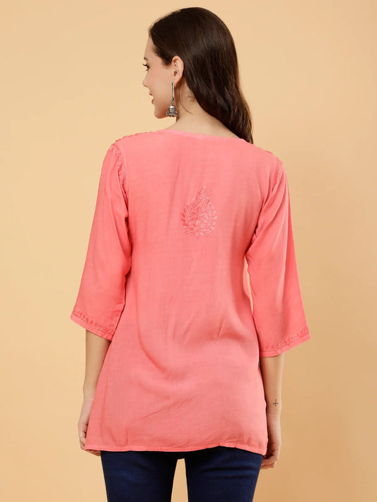 Dyed Short Rayon Lucknowi Chikankari Top for Women | Comfortable & Non-Transparent Short Kurti