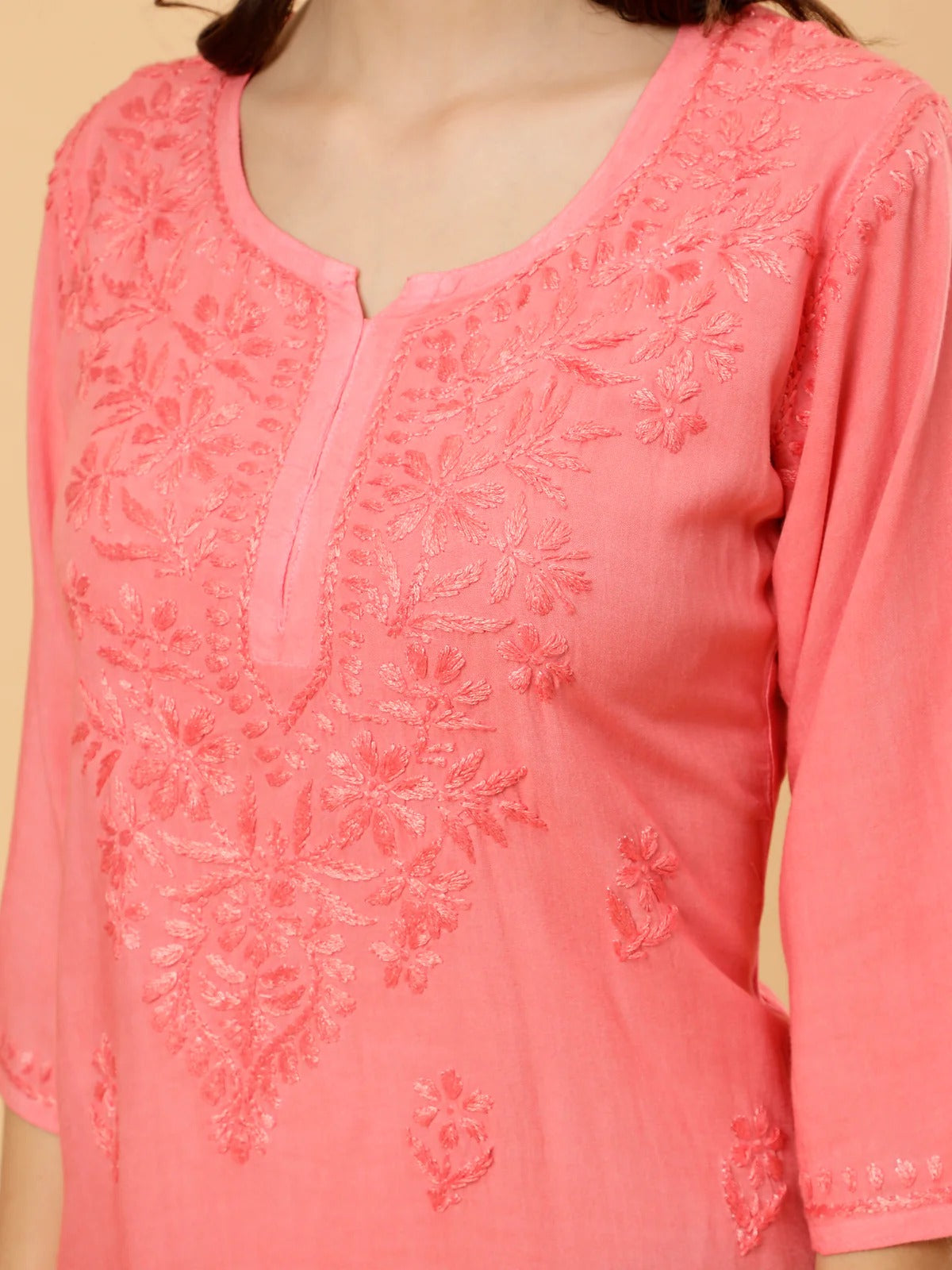 Zahra Rose Gold Dyed Short Rayon Chikankari Top - Comfortable & Non-Transparent Chikankari Short Kurti