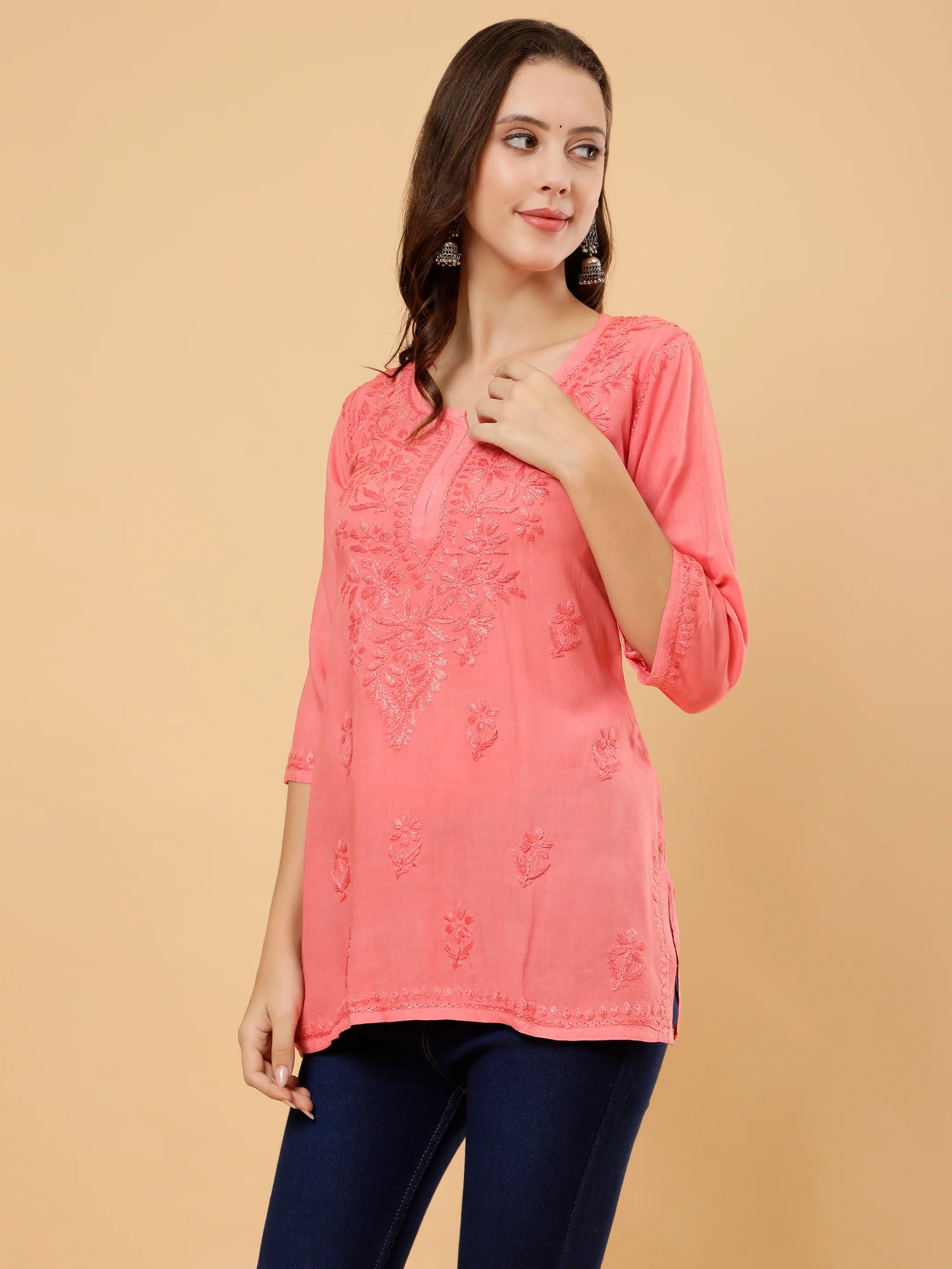 Zahra Rose Gold Dyed Short Rayon Chikankari Top - Comfortable & Non-Transparent Chikankari Short Kurti