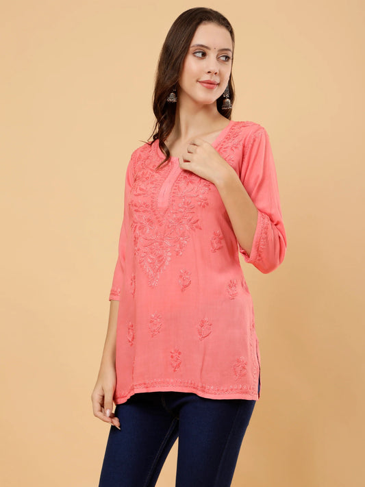 Dyed Short Rayon Lucknowi Chikankari Top for Women | Comfortable & Non-Transparent Short Kurti