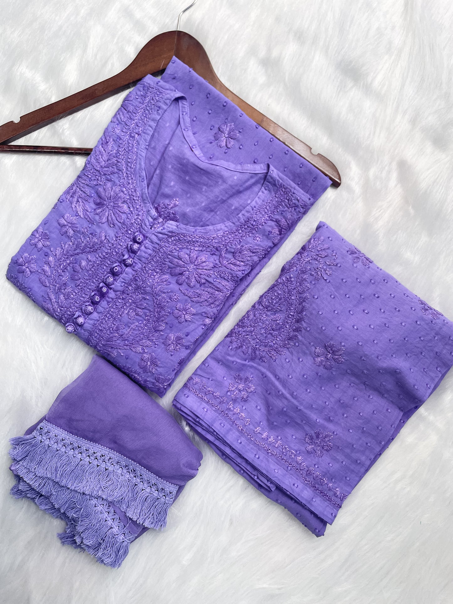 Trana Handcrafted Dyed Lucknowi Chikankari Cotton Kurti, Palazzo & Dupatta Set