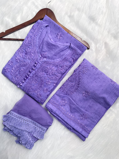 Trana Handcrafted Dyed Lucknowi Chikankari Cotton Kurti, Palazzo & Dupatta Set