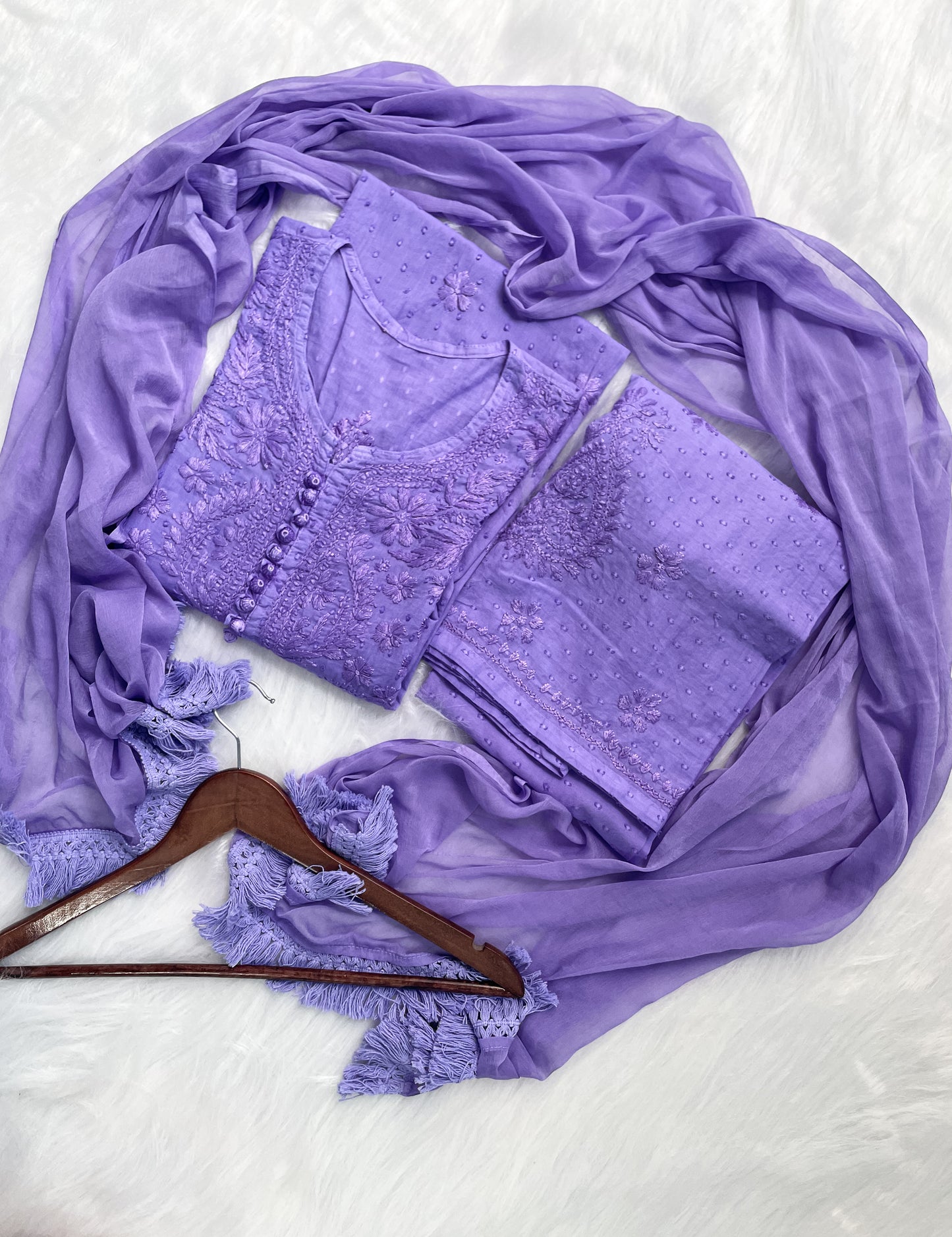 Trana Handcrafted Dyed Lucknowi Chikankari Cotton Kurti, Palazzo & Dupatta Set