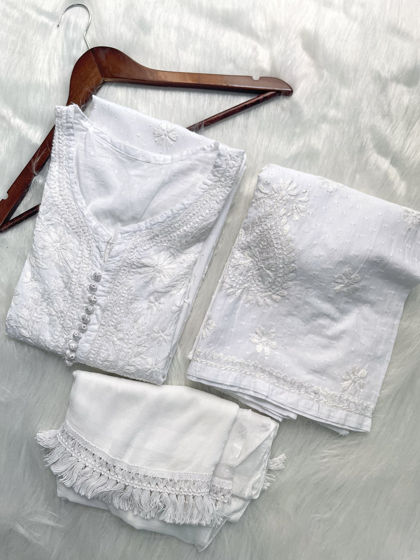 Trana Handcrafted Dyed Lucknowi Chikankari Cotton Kurti, Palazzo & Dupatta Set