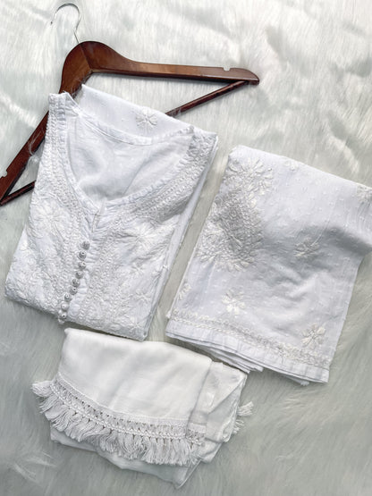 Trana Handcrafted Dyed Lucknowi Chikankari Cotton Kurti, Palazzo & Dupatta Set