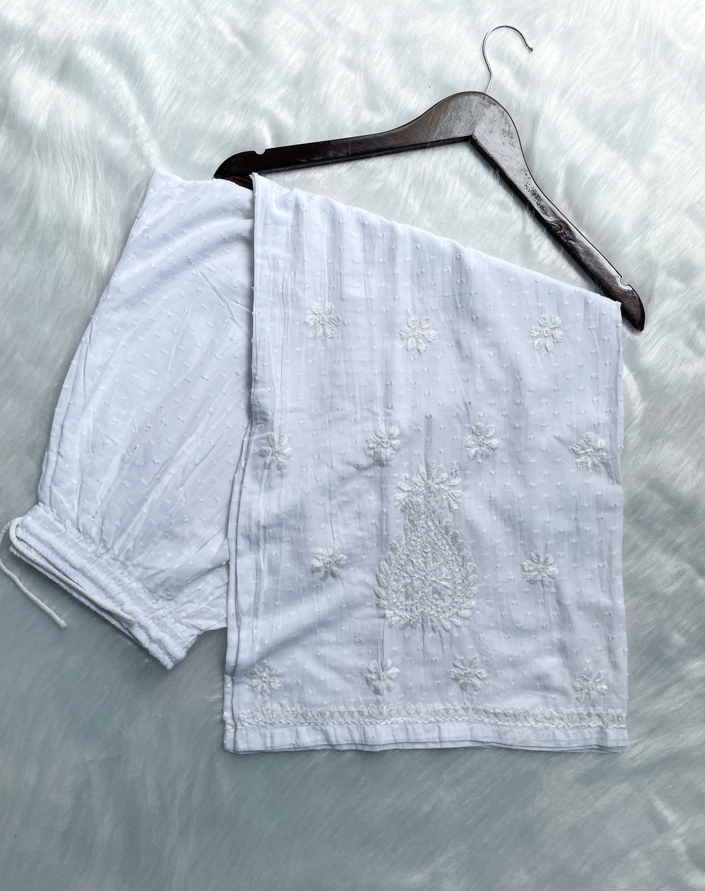 Trana Handcrafted Dyed Lucknowi Chikankari Cotton Kurti, Palazzo & Dupatta Set