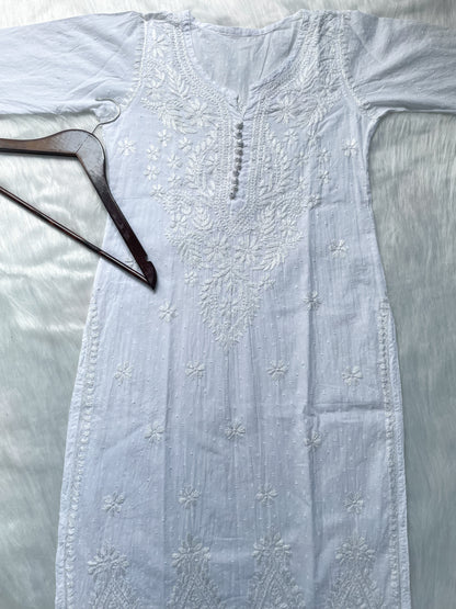 Trana Handcrafted Dyed Lucknowi Chikankari Cotton Kurti, Palazzo & Dupatta Set