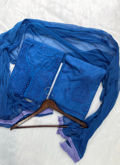 Trana Handcrafted Dyed Lucknowi Chikankari Cotton Kurti, Palazzo & Dupatta Set