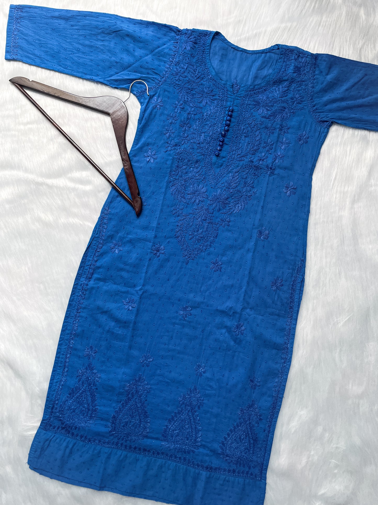 Trana Handcrafted Dyed Lucknowi Chikankari Cotton Kurti, Palazzo & Dupatta Set