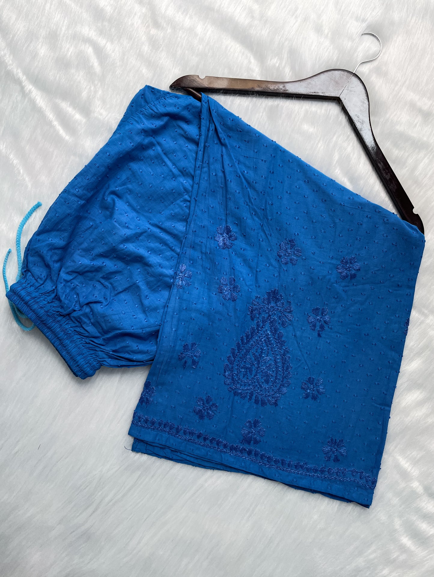 Trana Handcrafted Dyed Lucknowi Chikankari Cotton Kurti, Palazzo & Dupatta Set