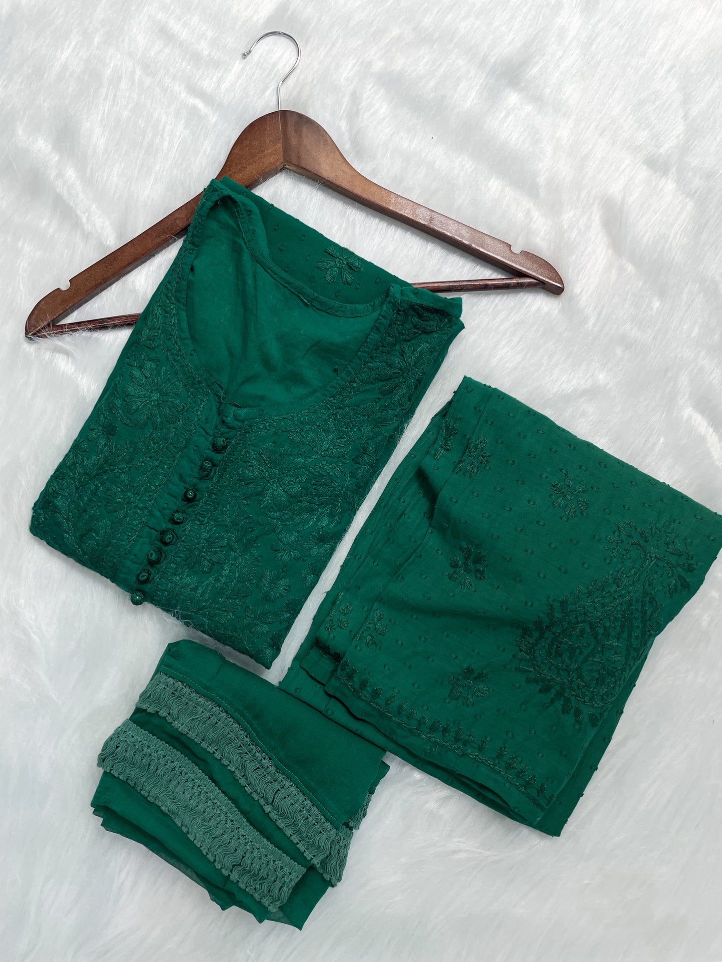 Trana Handcrafted Dyed Lucknowi Chikankari Cotton Kurti, Palazzo & Dupatta Set