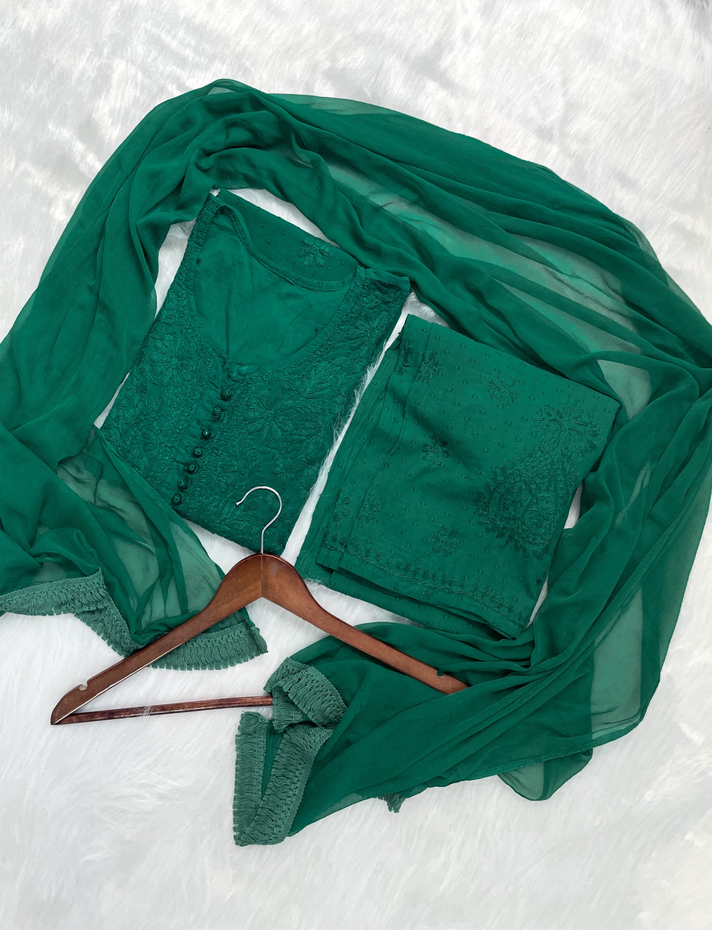 Trana Handcrafted Dyed Lucknowi Chikankari Cotton Kurti, Palazzo & Dupatta Set