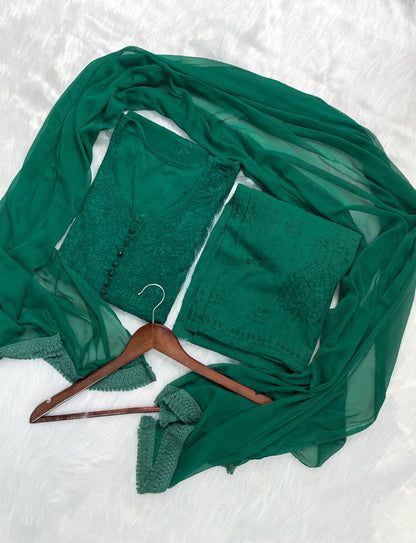 Trana Handcrafted Dyed Lucknowi Chikankari Cotton Kurti, Palazzo & Dupatta Set