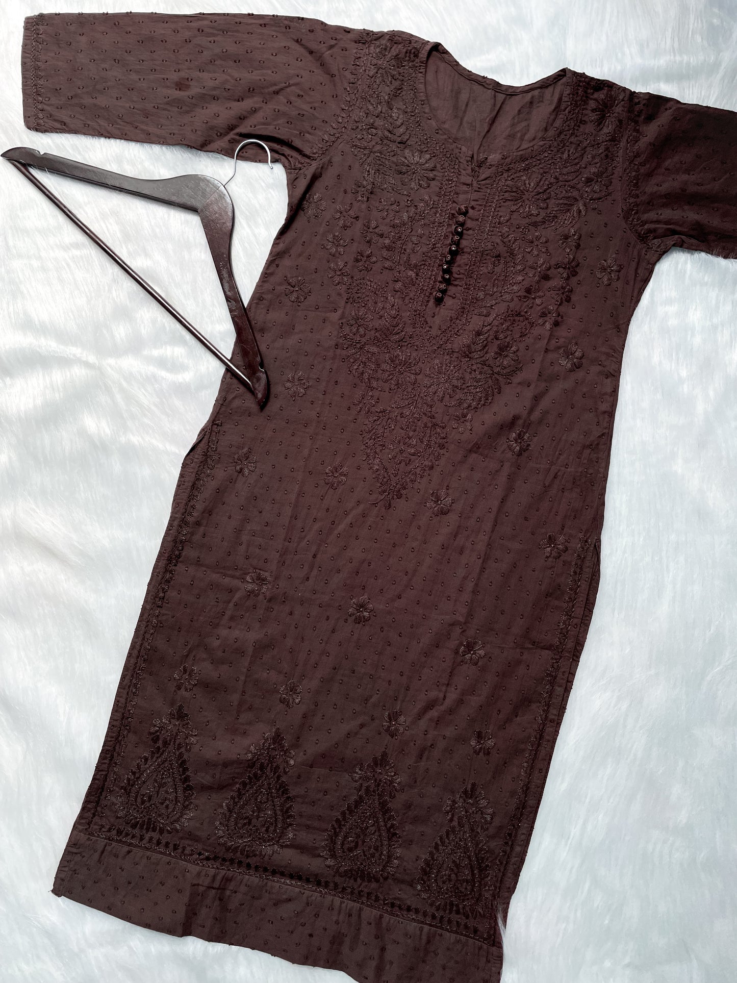 Trana Handcrafted Dyed Lucknowi Chikankari Cotton Kurti, Palazzo & Dupatta Set