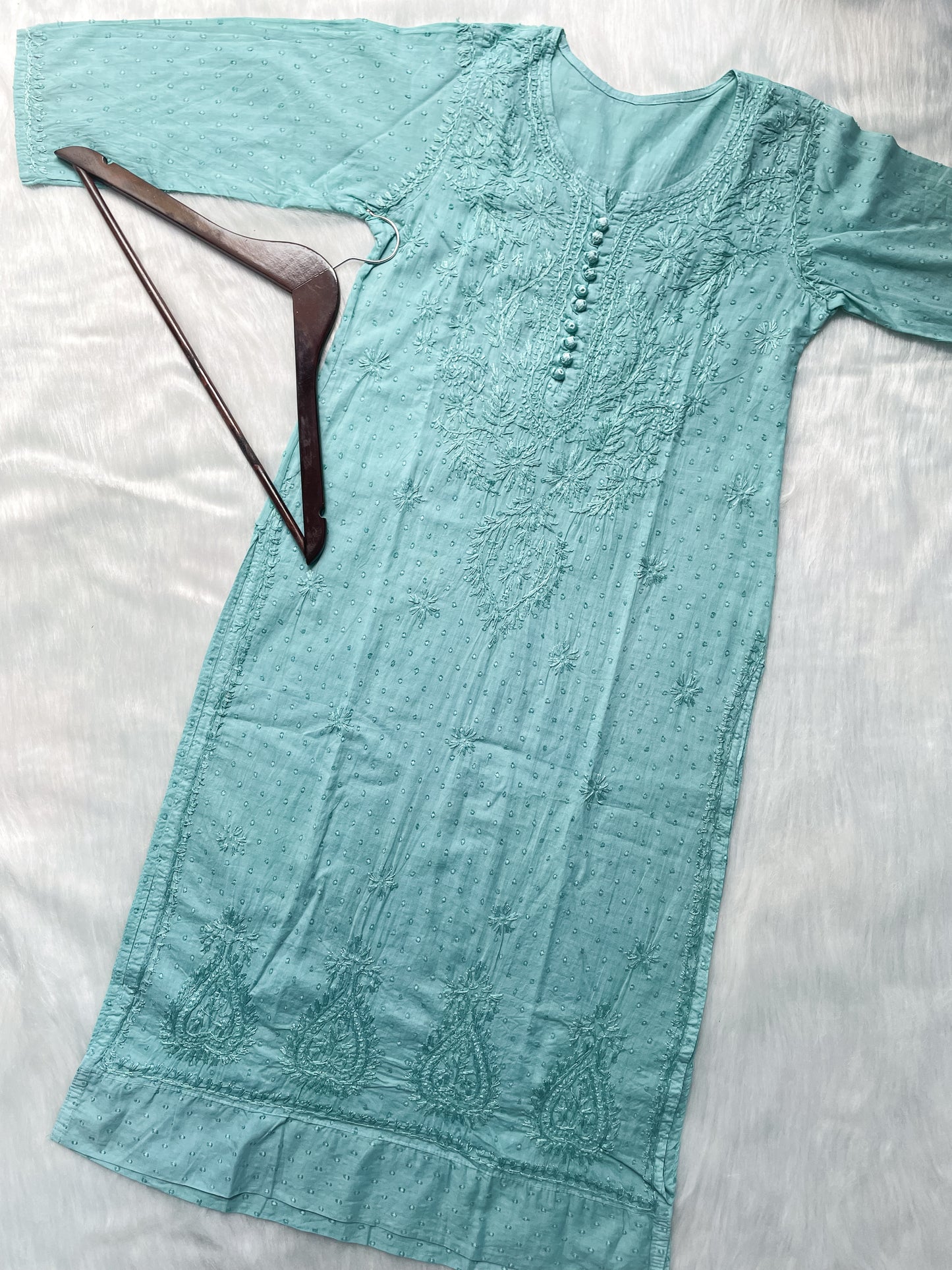 Trana Handcrafted Dyed Lucknowi Chikankari Cotton Kurti, Palazzo & Dupatta Set