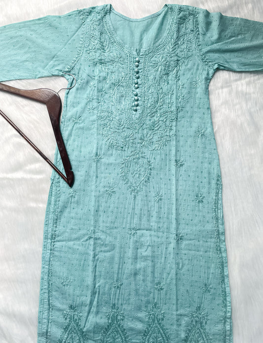Handcrafted Dyed Lucknowi Chikankari Cotton Kurti, Palazzo & Dupatta Set
