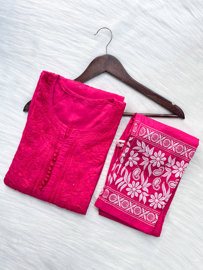 Kubra Dyed Cotton Chikankari Kurti & Lycra Pant Set, Pockets Both Side of the Pant
