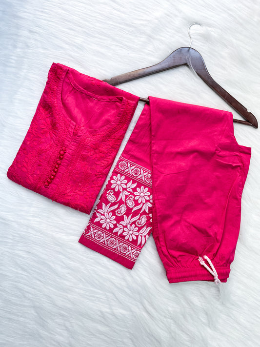 Dyed Cotton Chikankari Kurti & Lycra Pant Set, Pockets Both Side of the Pant