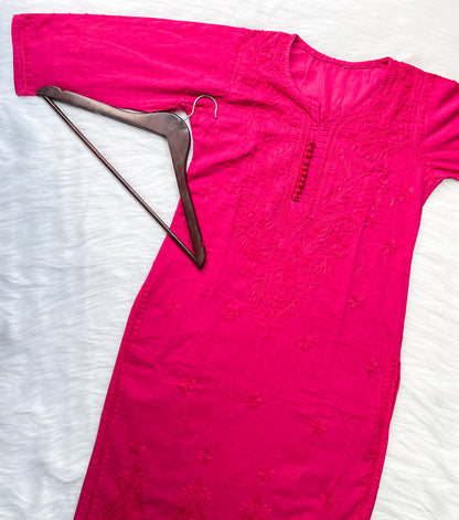 Kubra Dyed Cotton Chikankari Kurti & Lycra Pant Set, Pockets Both Side of the Pant