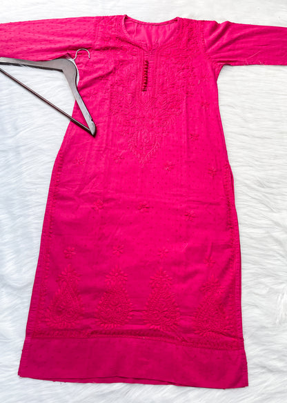 Kubra Dyed Cotton Chikankari Kurti & Lycra Pant Set, Pockets Both Side of the Pant