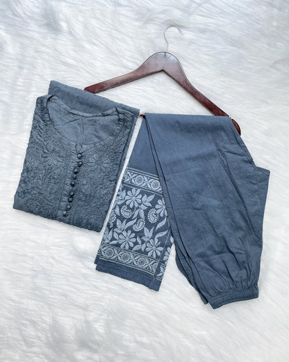 Kubra Dyed Cotton Chikankari Kurti & Lycra Pant Set, Pockets Both Side of the Pant