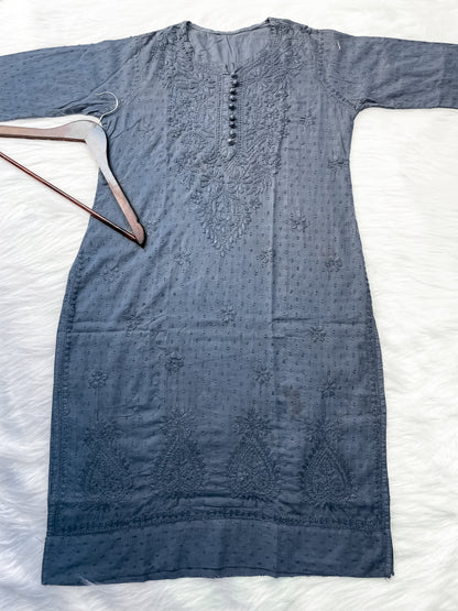 Kubra Dyed Cotton Chikankari Kurti & Lycra Pant Set, Pockets Both Side of the Pant