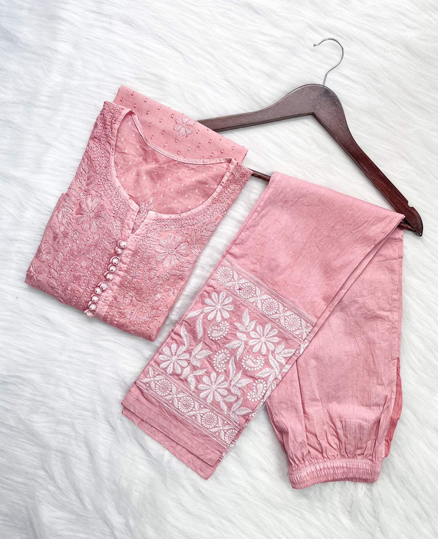 Kubra Dyed Cotton Chikankari Kurti & Lycra Pant Set, Pockets Both Side of the Pant