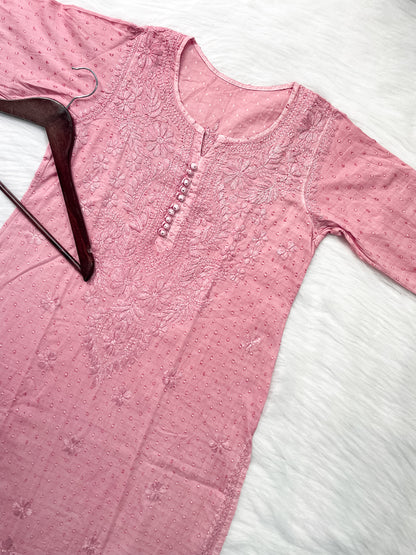 Kubra Dyed Cotton Chikankari Kurti & Lycra Pant Set, Pockets Both Side of the Pant