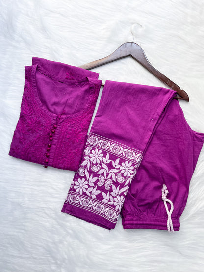 Kubra Dyed Cotton Chikankari Kurti & Lycra Pant Set, Pockets Both Side of the Pant