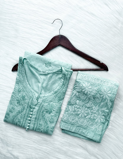 Kubra Dyed Cotton Chikankari Kurti & Lycra Pant Set, Pockets Both Side of the Pant