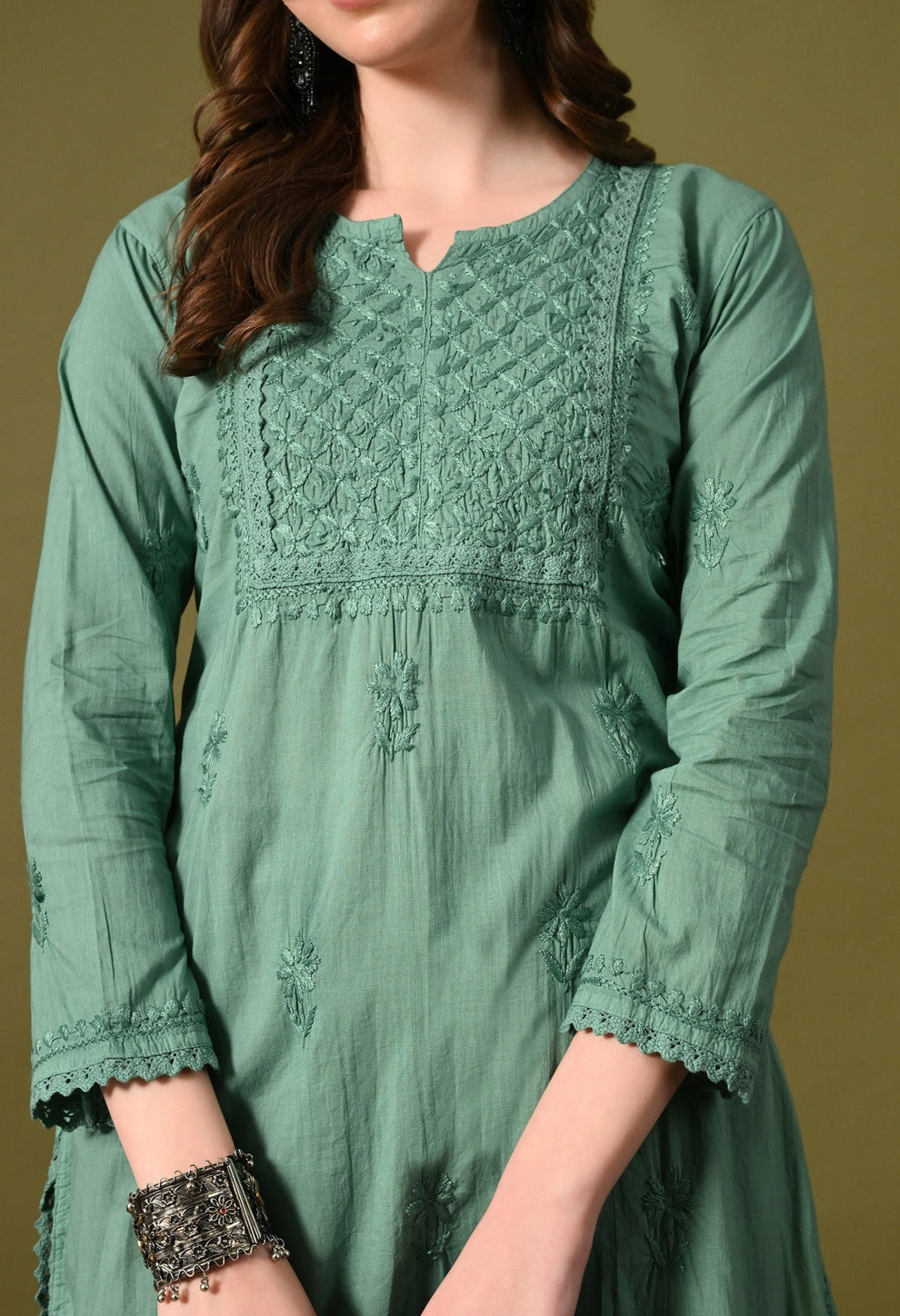 Aqua green Zawiya Dyed Regular Size Mulmul Cotton Chikankari Kurti with Lace Detailing – Perfect for Every Occasions, malabis.in