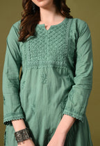 Aqua green Zawiya Dyed Regular Size Mulmul Cotton Chikankari Kurti with Lace Detailing – Perfect for Every Occasions, malabis.in