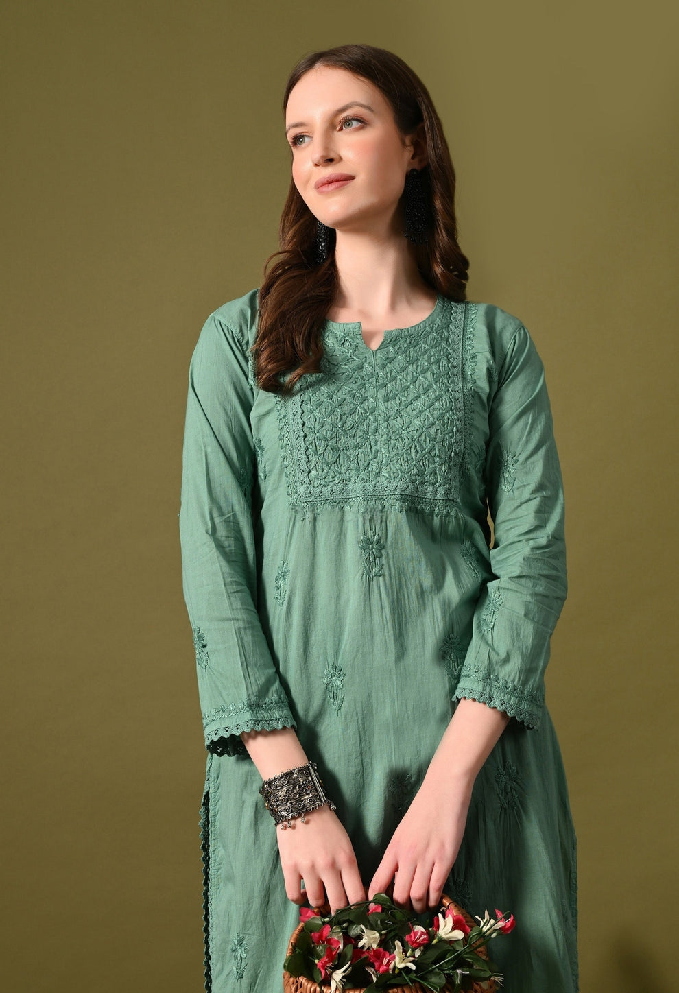 Aqua green Zawiya Dyed Regular Size Mulmul Cotton Chikankari Kurti with Lace Detailing – Perfect for Every Occasions, malabis.in