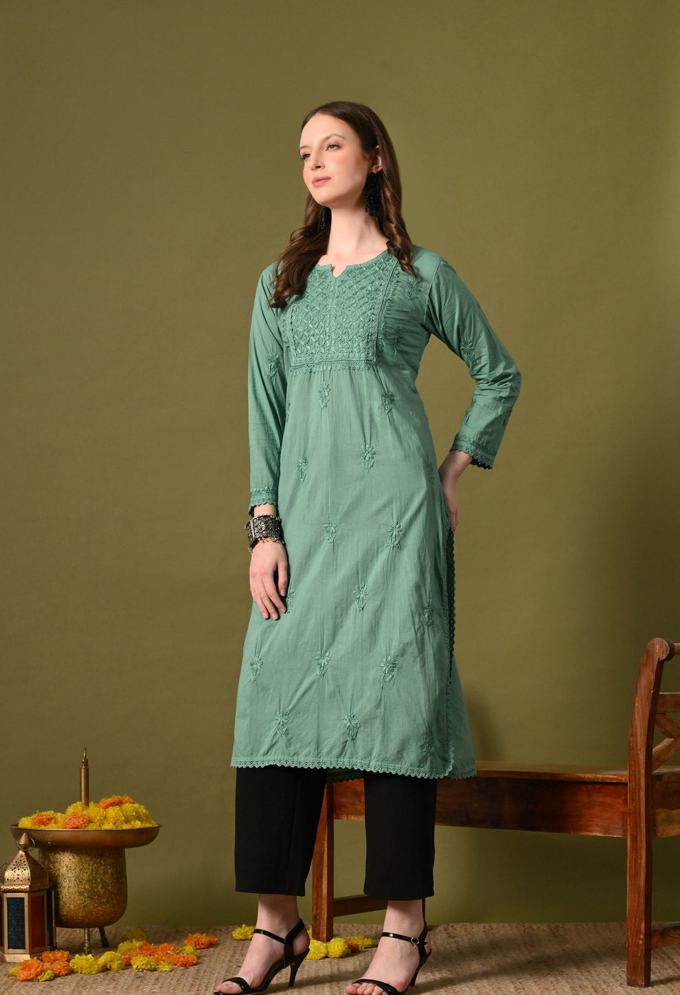Aqua green Zawiya Dyed Regular Size Mulmul Cotton Chikankari Kurti with Lace Detailing – Perfect for Every Occasions, malabis.in
