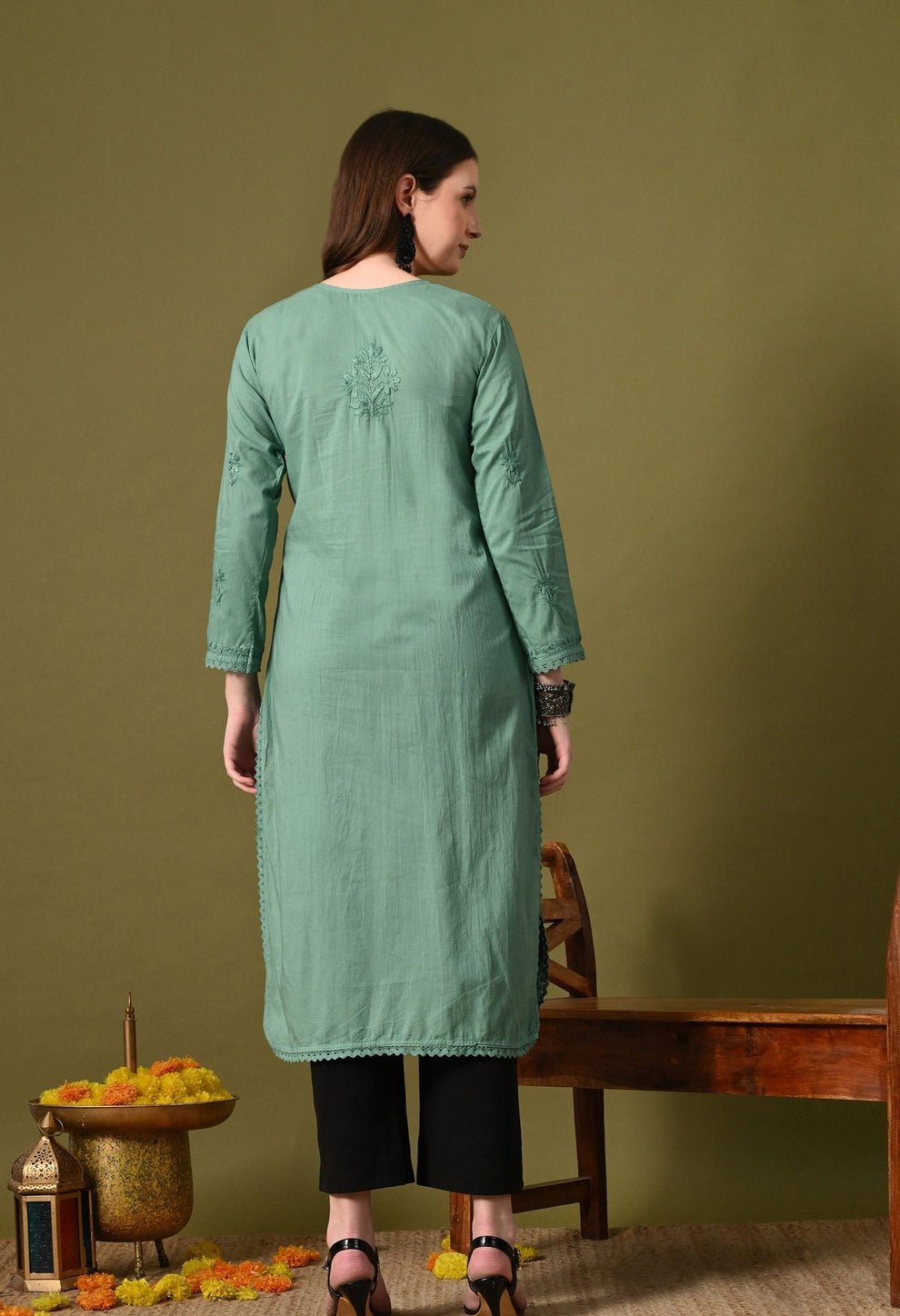 Aqua green Zawiya Dyed Regular Size Mulmul Cotton Chikankari Kurti with Lace Detailing – Perfect for Every Occasions, malabis.in