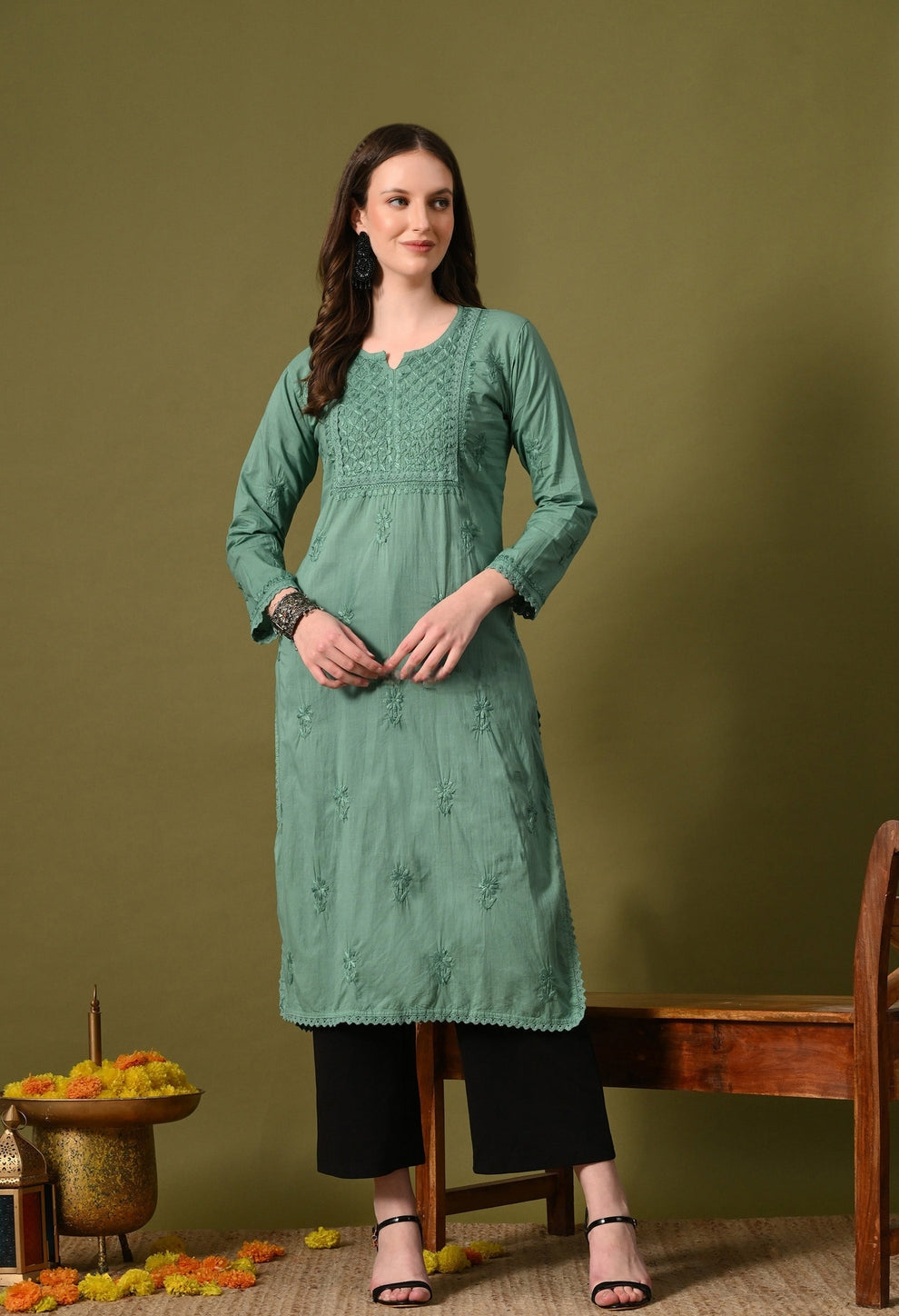 Aqua green Zawiya Dyed Regular Size Mulmul Cotton Chikankari Kurti with Lace Detailing – Perfect for Every Occasions, malabis.in
