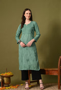 Aqua green Zawiya Dyed Regular Size Mulmul Cotton Chikankari Kurti with Lace Detailing – Perfect for Every Occasions, malabis.in