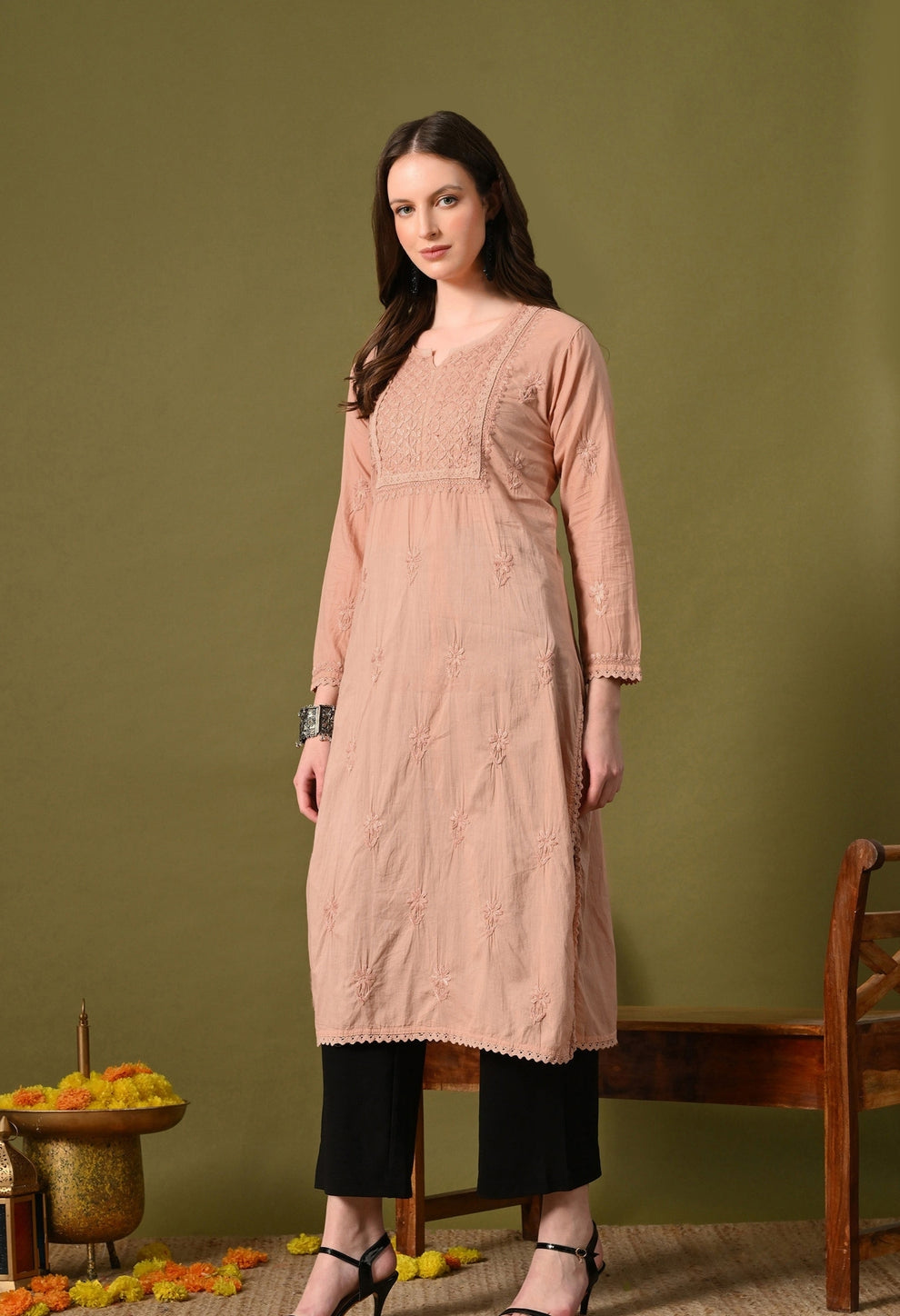 Brown Zawiya Dyed Regular Size Mulmul Cotton Chikankari Kurti with Lace Detailing – Perfect for Every Occasions, malabis.in