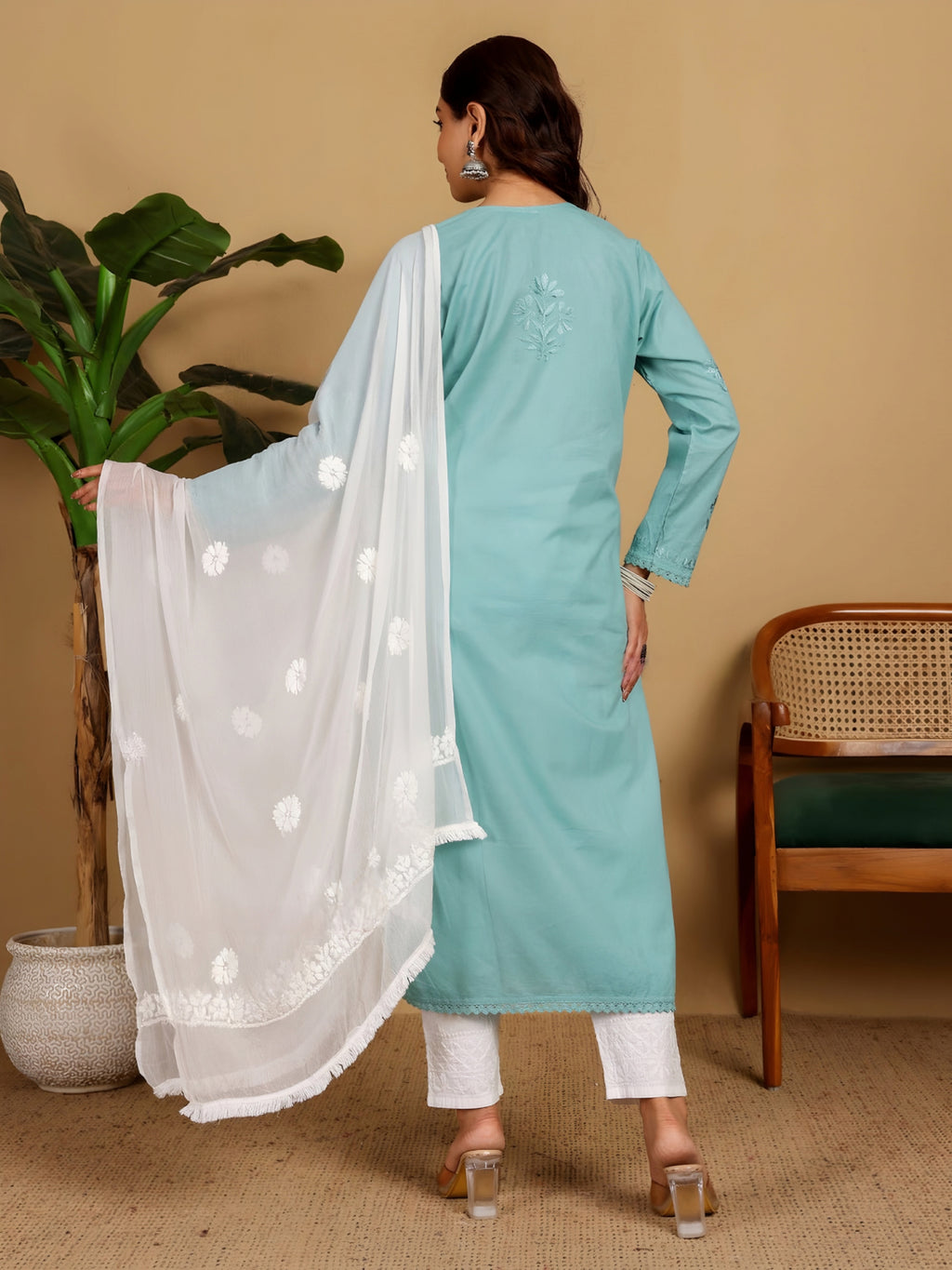 Sea Green Zawiya Dyed Regular Size Mulmul Cotton Chikankari Kurti with Lace Detailing – Perfect for Every Occasions, malabis.in