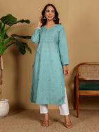 Sea Green Zawiya Dyed Regular Size Mulmul Cotton Chikankari Kurti with Lace Detailing – Perfect for Every Occasions, malabis.in